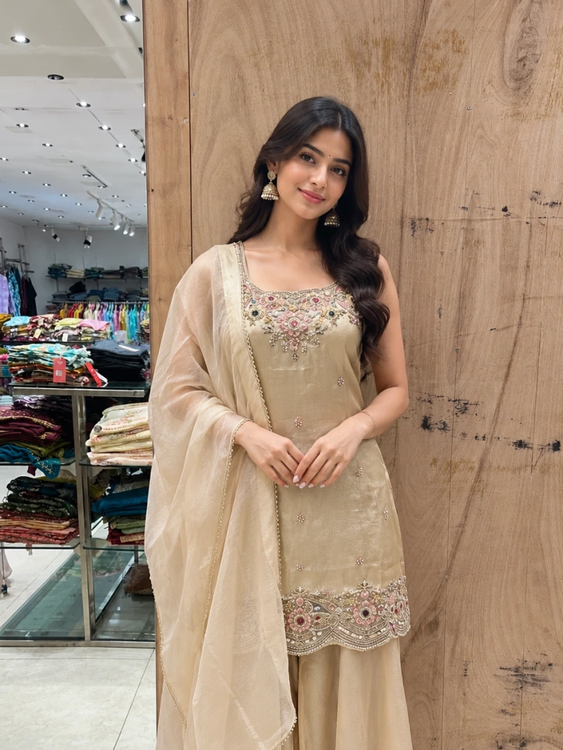 Champagne Beige Shimmer Tissue Stoned Sharara Set