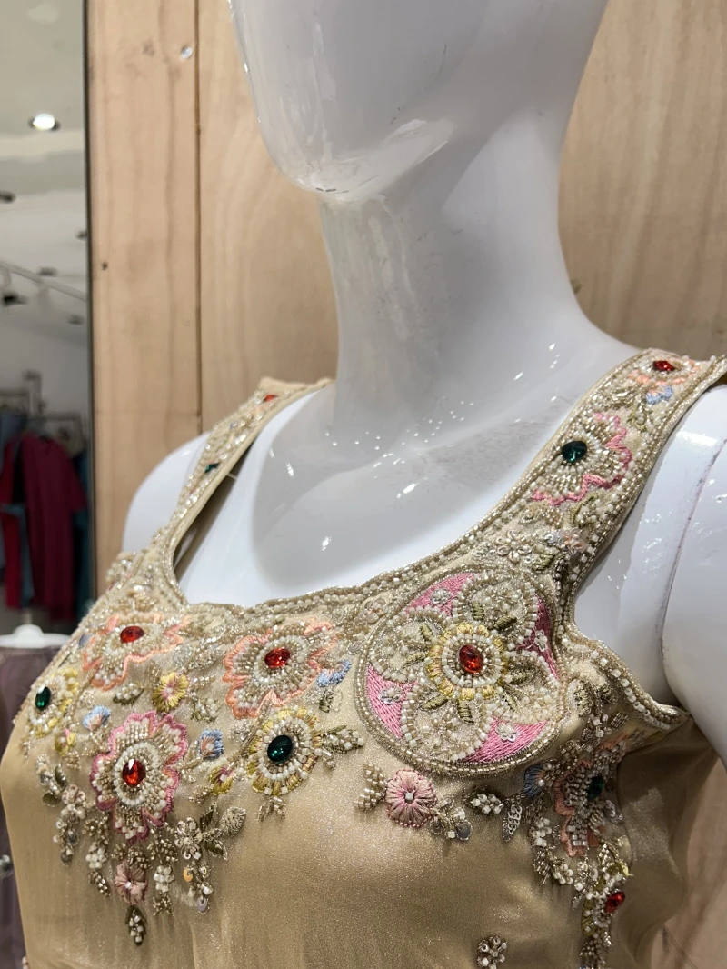 Champagne Beige Shimmer Tissue Stoned Sharara Set 6