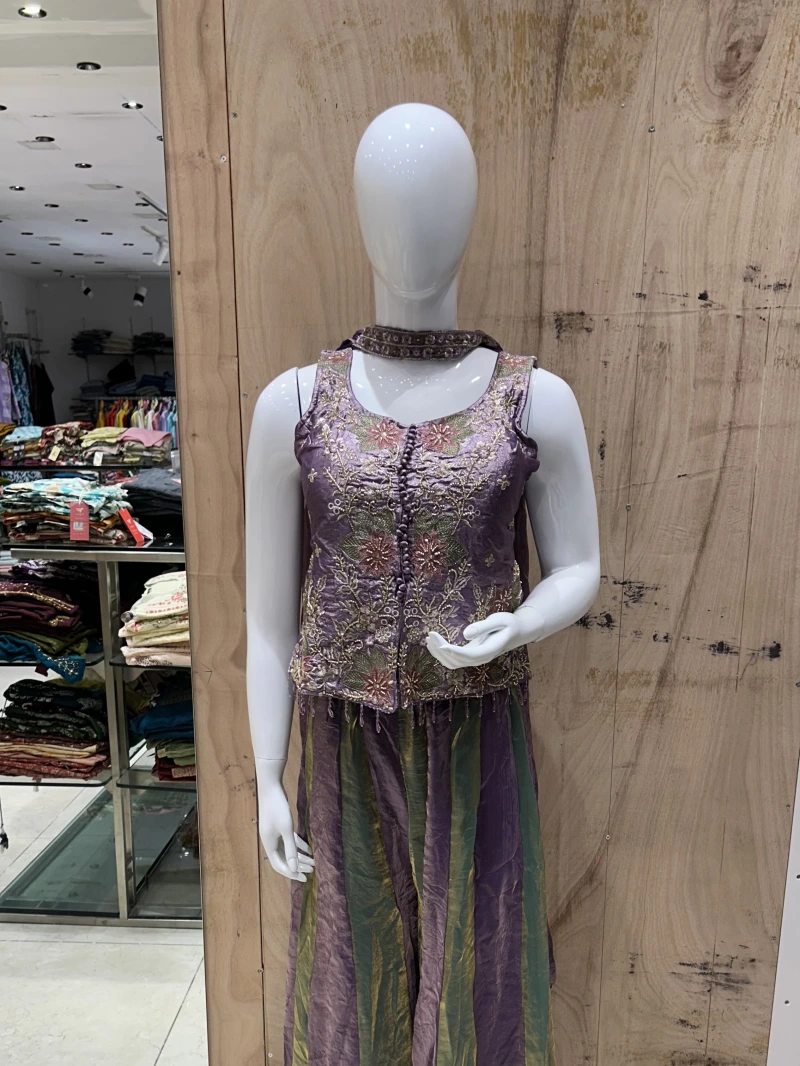 Purple And Greentissue Silk Embroidered Palazzo Set & Dupatta