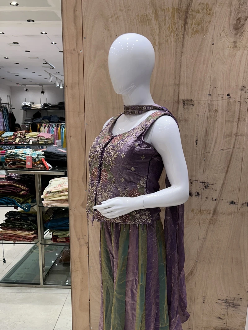 Purple And Greentissue Silk Embroidered Palazzo Set & Dupatta 5