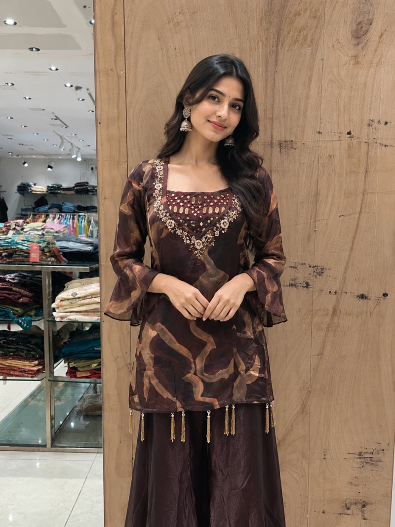 Brown Mirror Design Inner Crop / Peplum & Palazzo Set