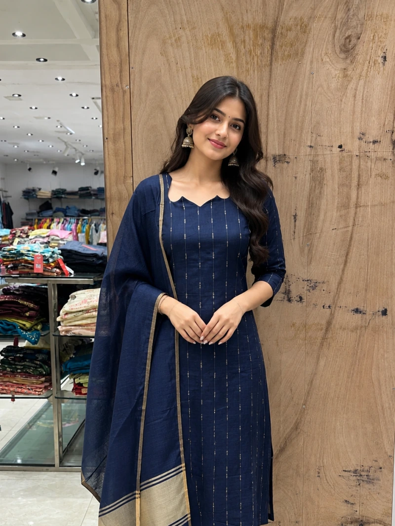 Blue Raw Silk Kurta Set With Patterned Dupatta
